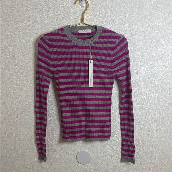 NWT- One Grey Day- Gray and Pink Striped Cashmere Sweater- Size XS - Picture 1 of 5